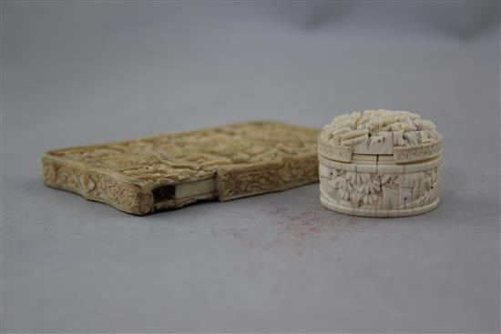 A Chinese export ivory card case and a similar circular box containing mother of pearl counters, 19th century, 11cm. and 4cm., slight d